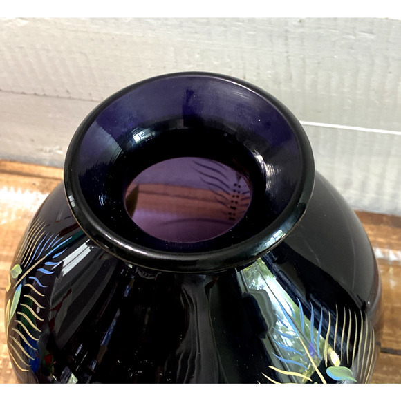 Vintage Fenton Glass Purple Vase Painted Peacock Feather K. Brightbill 7.75" - Picture 6 of 12